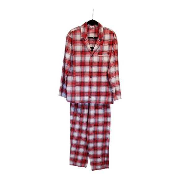EBERJEY SZ M Men's Plaid Soft Flannel Long Pajama Set in Red & Ivory - Picture 3 of 16